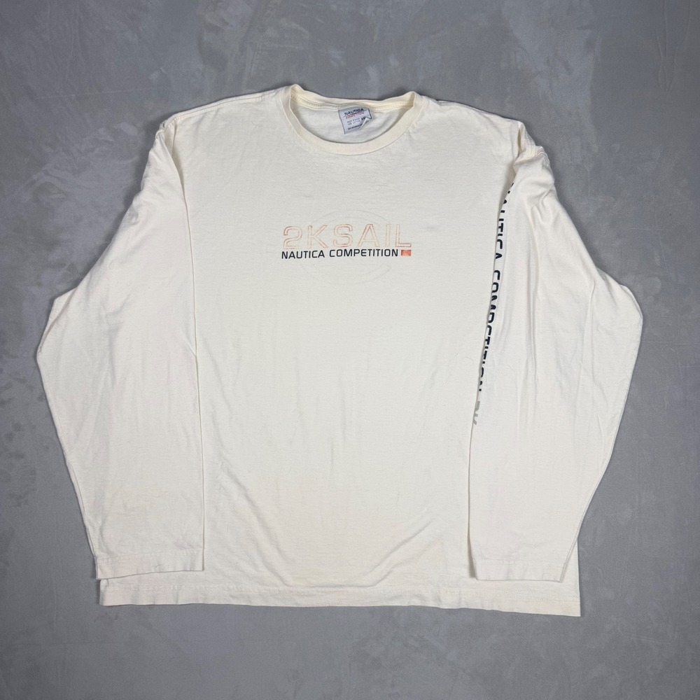 Y2K Mens Nautica Competition 2K Sail Graphic Long Sleeve Tee Cream XXL